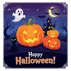halloween, pumpkin, holiday, vector, autumn, illustration, cartoon, night, horror, card, spooky, moon, bat, witch, celebration, dark, happy, party, october, scary, orange, design, ghost, silhouette, 