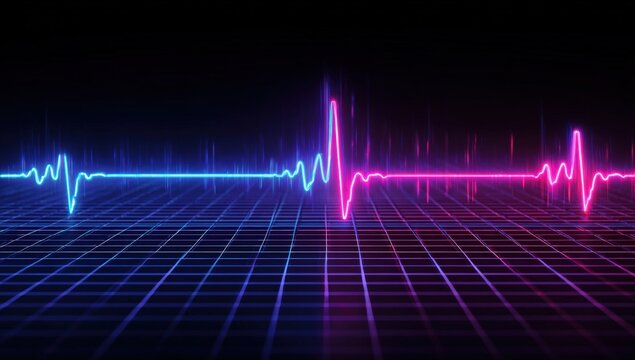 Neon heart rate graphic on a grid background - Powered by Adobe