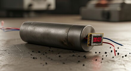A cylindrical metal object with a digital timer on a concrete floor with scattered black seeds.