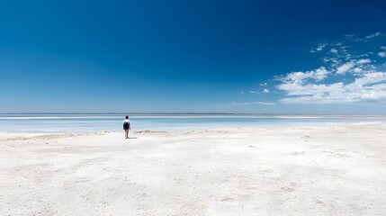 A serene landscape of a salt flat with a calm water surface reflecting the sky and mountains in the distance
