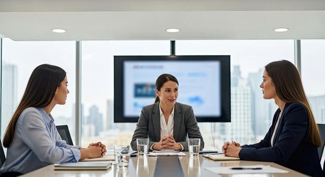 Three businesswomen in a conference room with a city skyline visible through the windows.
