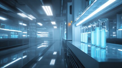 Fototapeta premium Modern laboratory interior with glowing glassware and sleek design, perfect for scientific research and innovation.