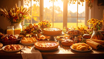 Fototapeta premium Rustic Farmhouse Kitchen Table Decorated with Homemade Pumpkin Pies, Fresh Bread, Seasonal Flowers, and Autumn Harvest Food in Warm Sunlight for Cozy Thanksgiving Celebration Dinner
