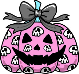 Pink Halloween Pumpkin with Skulls and Bow Cartoon