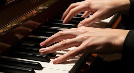 Fototapeta premium Two hands playing a piano. The musical concept of playing the instrument.