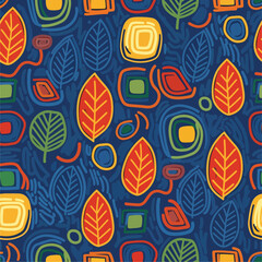 Colorful abstract autumn pattern with leaves and geometric shapes design, patern seamless, Stock royalty free.