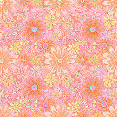 A vibrant and colorful seamless floral pattern in shades of pink, orange, and yellow, seamless pattern, royalty free stock.