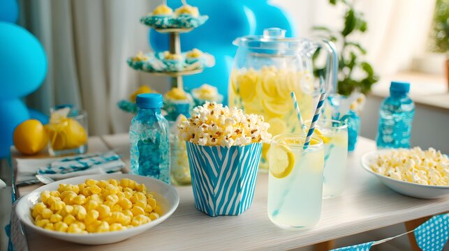 A festive table setup featuring popcorn in striped boxes, refreshing lemonade with lemon slices, and blue decorations