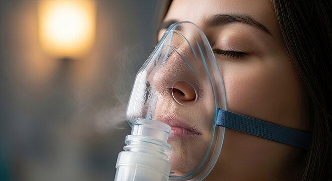 A woman wearing an oxygen mask, with steam visible on the mask and her eyes closed.