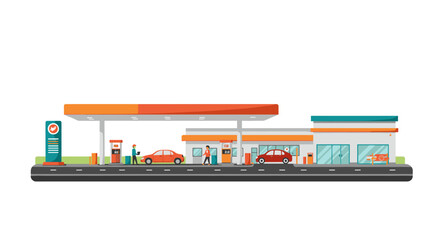 Modern flat style gas station scene with cars and convenience store