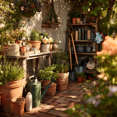 A cozy and rustic garden corner filled with potted plants, herbs, and gardening tools on wooden shelves.
