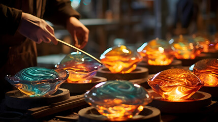 The hands of a skilled artisan carefully shaping molten glass with tools in a traditional glassblowing workshop.