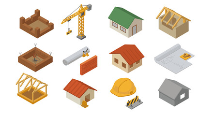 Isometric construction elements set: buildings, tools, and structures for design projects