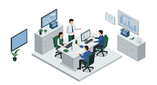 Modern isometric office workspace with team collaboration and digital technology