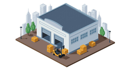 Isometric warehouse with forklift and boxes in urban setting