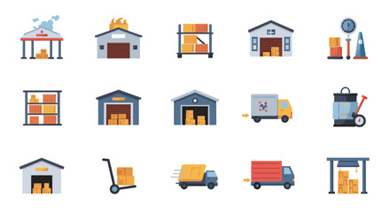 Warehouse and logistics icons in flat style for supply chain management