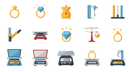 Jewelry and measuring tools flat icons set for business and craft