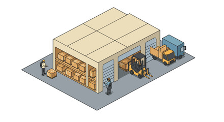 Isometric warehouse scene with workers, forklift, and delivery trucks for logistics