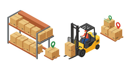 Efficient warehouse logistics: forklift handling and storage solutions in isometric style
