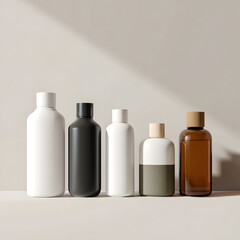 A sleek and modern product mockup of minimalist cosmetic bottles for branding skincare and beauty lines.