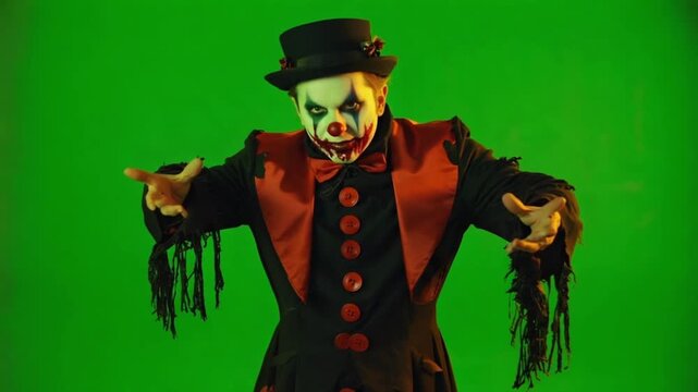 Scary clown with makeup and hat in costume pointing menacingly on a green screen background view halloween clown green screen video