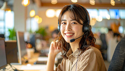 笑顔で電話対応する日本人女性コールセンタースタッフ – Young Japanese Call Center Woman with Headset Smiling in Office