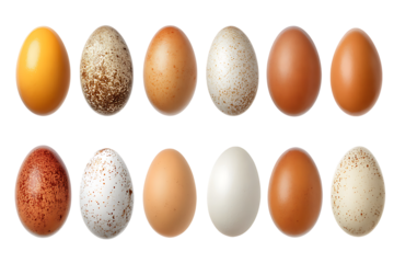 Assorted bird eggs display variety in color, texture, and pattern on transparent background