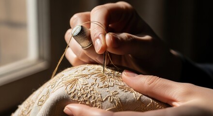 A person's hands sewing a piece of fabric with a thimble and thread.