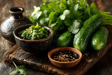Fresh, rustic ingredients for a healthy Asian recipe, including cilantro, cucumbers, and aromatic spices.