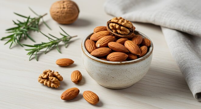 Almonds and walnuts in bowl - Powered by Adobe