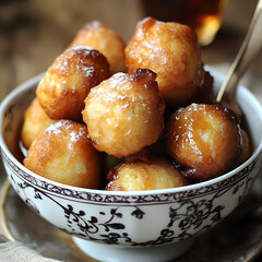 A delicious bowl of traditional sweet, golden-brown fried dough balls glistening in a light honey syrup.
