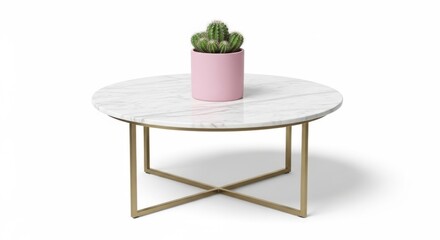 Round white marble coffee table with pink pot and cactus on white background round table marble top