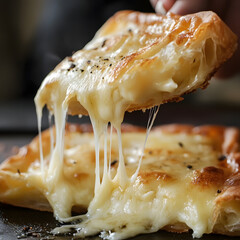 A mouth-watering close-up of a hot slice of cheesy garlic bread or pizza with a perfect cheese pull.