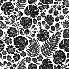 Black and white tropical pattern with monstera leaves and floral elements, seamless pattern, Stock royalty image.