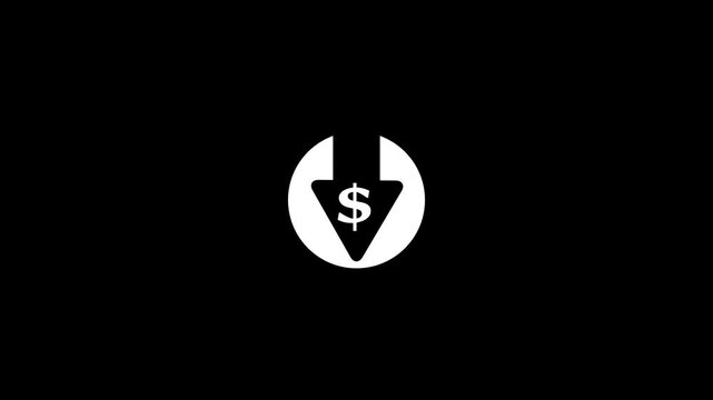 Financial loss line animation. Coin with dollar sign and arrow pointing down animated icon. Economic recession. Black illustration on white background. HD video with alpha channel. Motion graphic