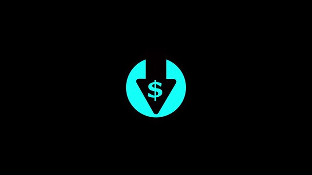 Financial loss line animation. Coin with dollar sign and arrow pointing down animated icon. Economic recession. Black illustration on white background. HD video with alpha channel. Motion graphic