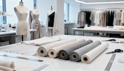 Fashion Design Studio with Fabric Rolls, Mannequins, and Sewing Equipment for Creative Garment Making
