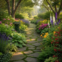 Obraz premium Beautiful Garden Path Through Lush Flowers.