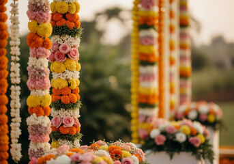 Elaborate Indian wedding or festival decorations with hanging garlands of marigold, rose, and jasmine flowers.