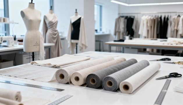 Fashion Design Studio with Fabric Rolls, Mannequins, and Sewing Equipment for Creative Garment Making