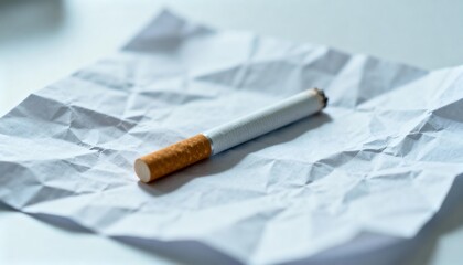 Close-up of a Single Cigarette on Crumpled White Paper, Demonstrating Addiction, Health Concerns and Risks