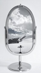 A stylish, oval-shaped vanity mirror, finished in polished chrome, reflects a monochrome landscape of snowy mountains and clouds.
