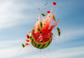 A watermelon bursts open in a spectacular high-speed explosion
