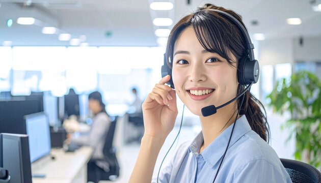 笑顔で電話対応する日本人女性コールセンタースタッフ – Young Japanese Call Center Woman with Headset Smiling in Office