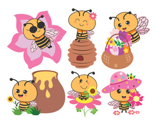 Obraz premium Bee character clipart drawing set. Cute yellow honeybee clip art collection flying, sitting in beehive, holding colorful flowers, wearing pink hat and sunglasses with jar elements in cute