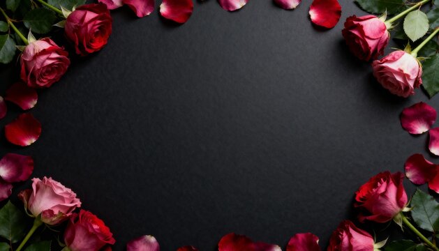 Elegant Red Rose Frame on Black Background with Petals and Leaves for Valentine's Day