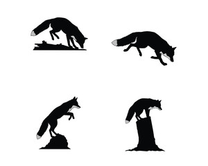 Four silhouettes of foxes in dynamic poses illustrating hunting and alertness against a white background