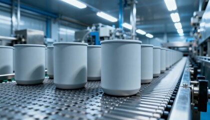Automated Production Line: White Product Containers on Conveyor Belt in a Modern Industrial Setting