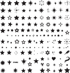 Set of 20+ star icons and symbols black and white illustration featuring starbursts, outlines, filled shapes, and abstract forms