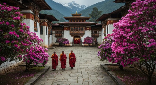 Peaceful monks walking through a blossoming bhutanese monastery